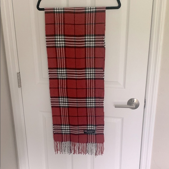 Cashmere winter scarf red black and white plaid with braided fringe - Picture 2 of 5